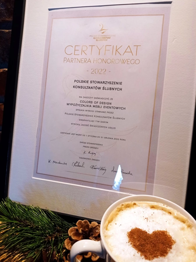 1 Certyfikat Partnera Honorowego Stowarzyszenia Konsultantów Ślubnych dla Colorsa!